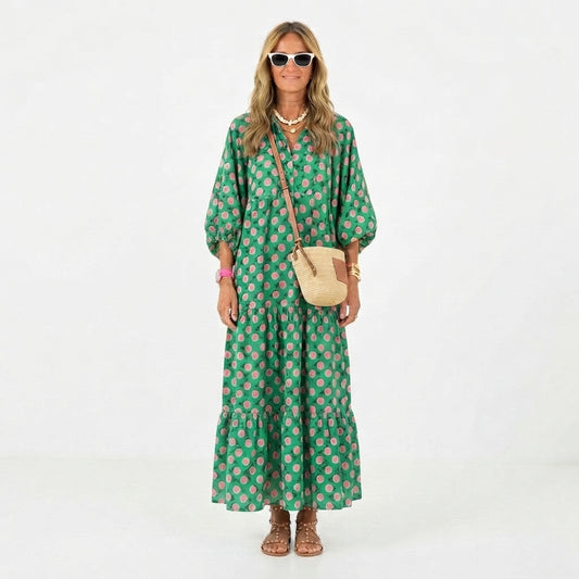 Printed Maxi Dress with V-Neck and Flowy Fit for Women