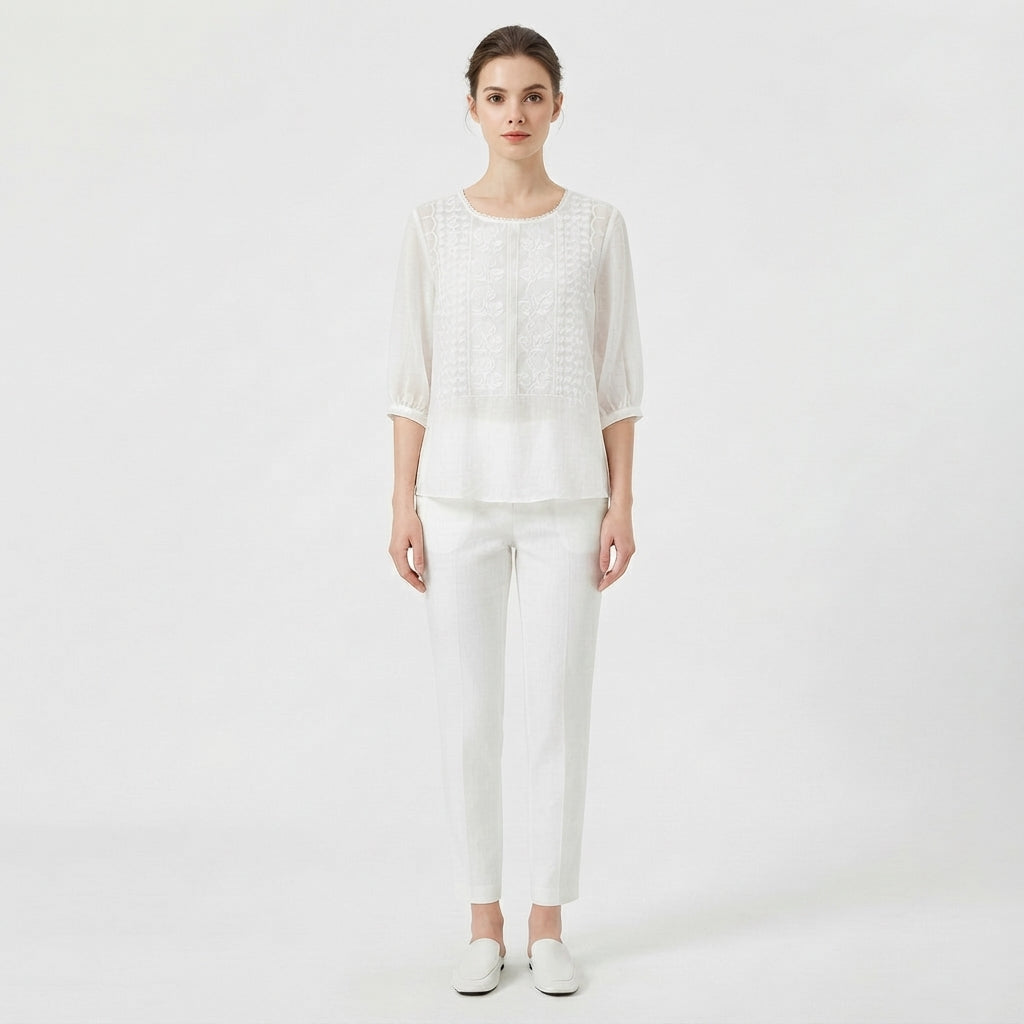 Embroidered Blouse with Round Neck for Women