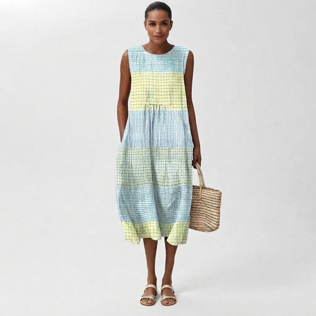 Linen Checked Sleeveless Midi Dress for Women