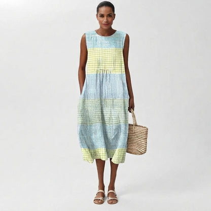 Linen Checked Sleeveless Midi Dress for Women