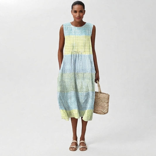 Linen Checked Sleeveless Midi Dress for Women