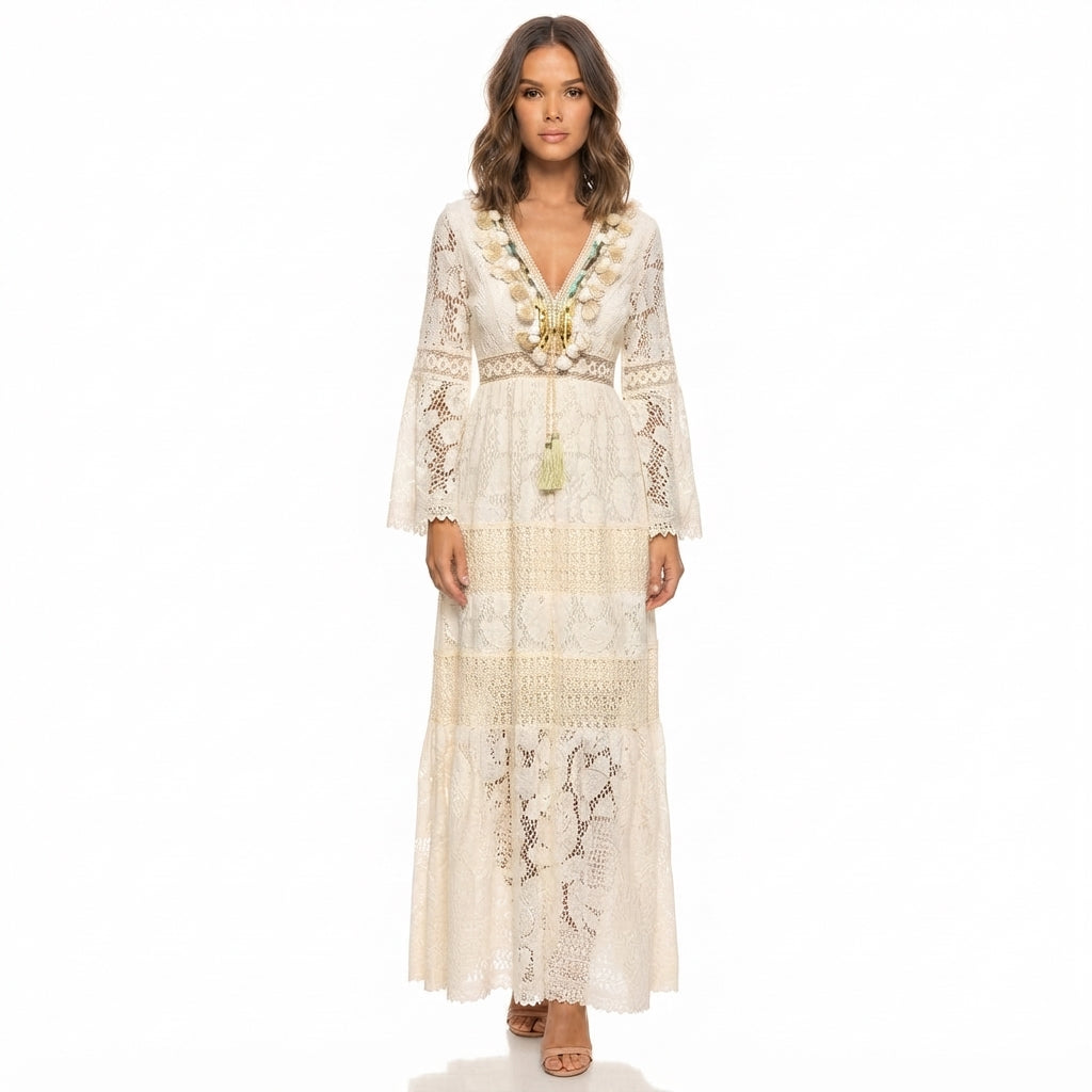 Summer Bohemian Maxi Dress with Long Sleeves for Women