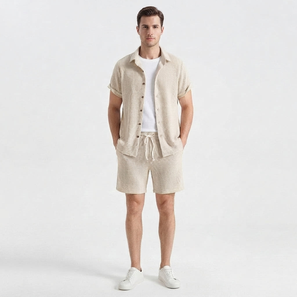 Two-Piece Casual Set with Shirt and Shorts for Men