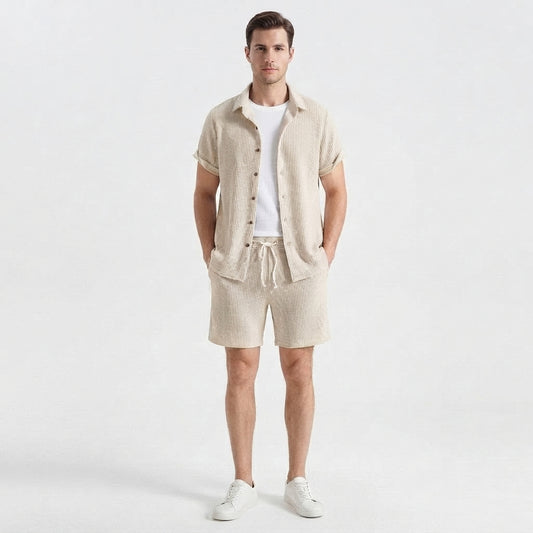 Two-Piece Casual Set with Shirt and Shorts for Men