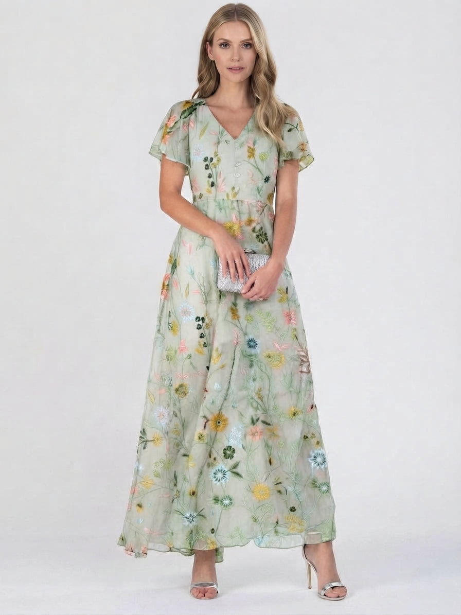 Summer Floral Maxi Dress with V Neck for Women