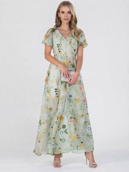 Summer Floral Maxi Dress with V Neck for Women
