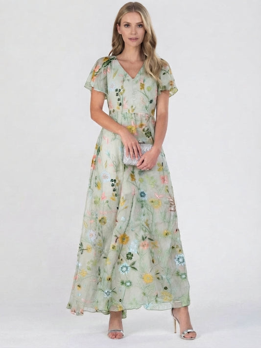 Summer Floral Maxi Dress with V Neck for Women