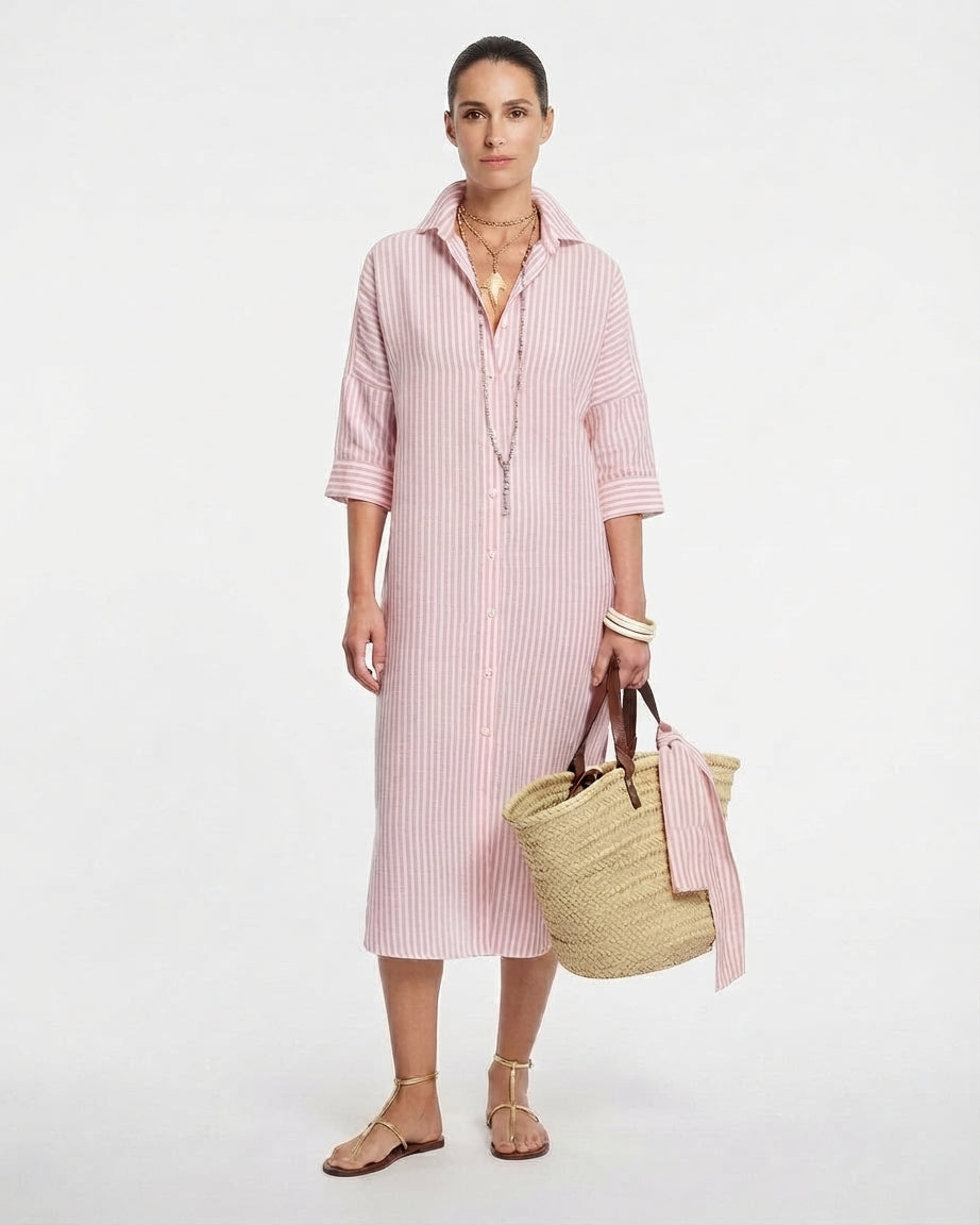 Striped Midi Shirt Dress with Button Closure for Women