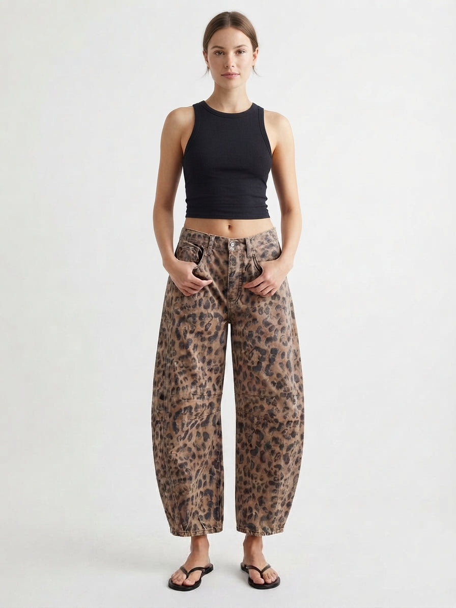 Leopard Print Jeans with Wide Legs for Women
