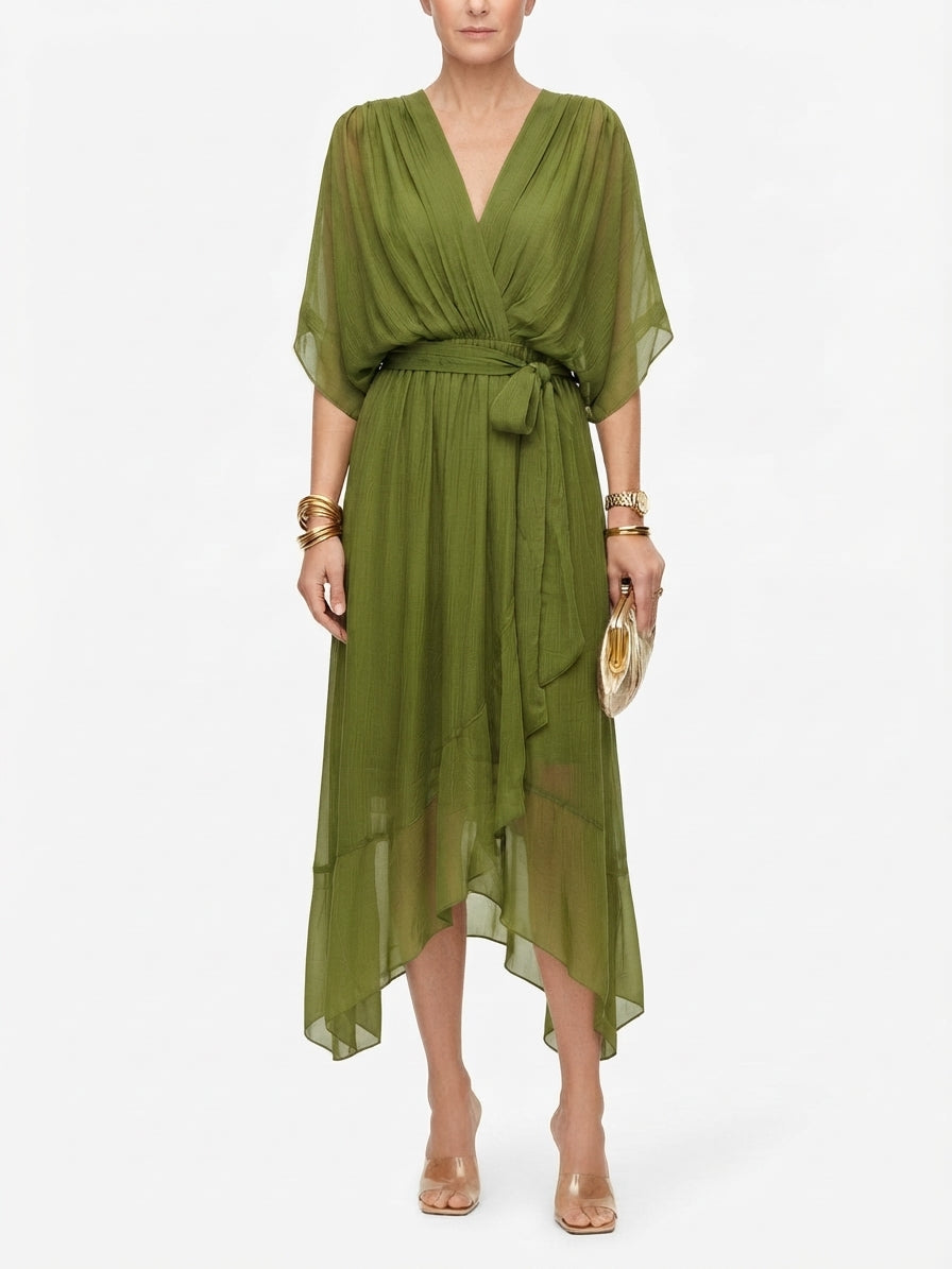 Midi Dress with Bow Belt and Butterfly Sleeves for Women