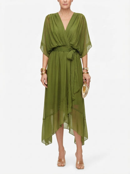 Midi Dress with Bow Belt and Butterfly Sleeves for Women