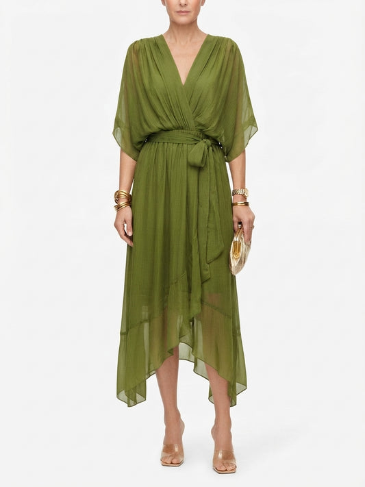 Midi Dress with Bow Belt and Butterfly Sleeves for Women