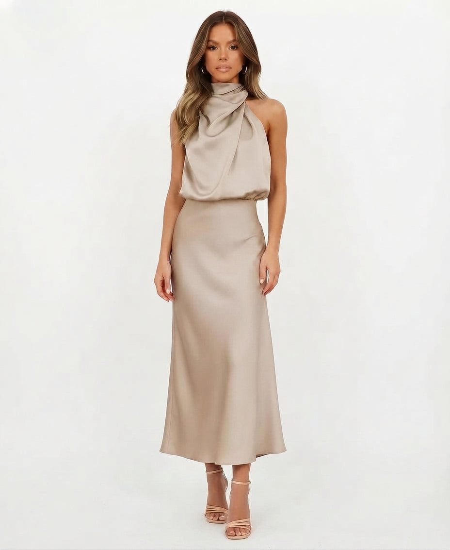 Satin Halter Style Formal Midi Dress for Women