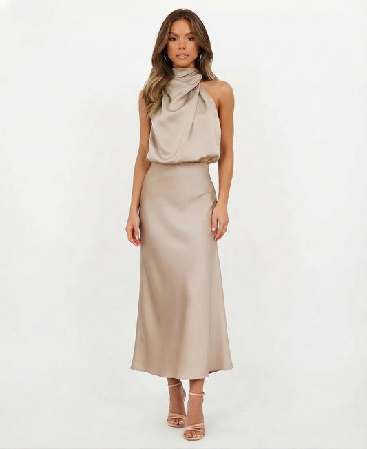 Satin Halter Style Formal Midi Dress for Women