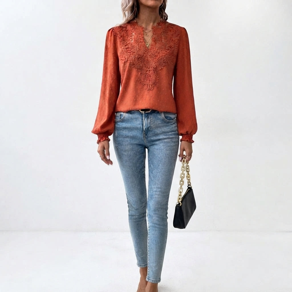 Blouse with V-Neck, Long Sleeves, and Floral Detail for Women