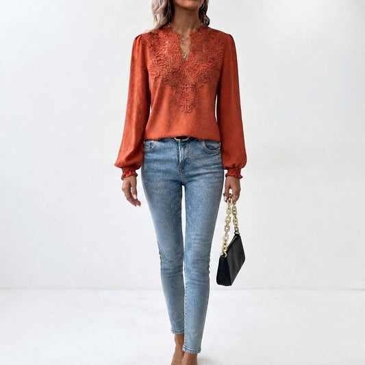 Blouse with V-Neck, Long Sleeves, and Floral Detail for Women