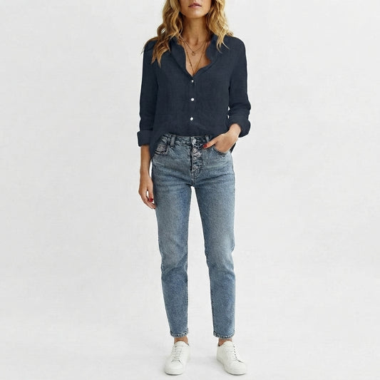 Linen Blouse with V-Neck and Button Closure for Women
