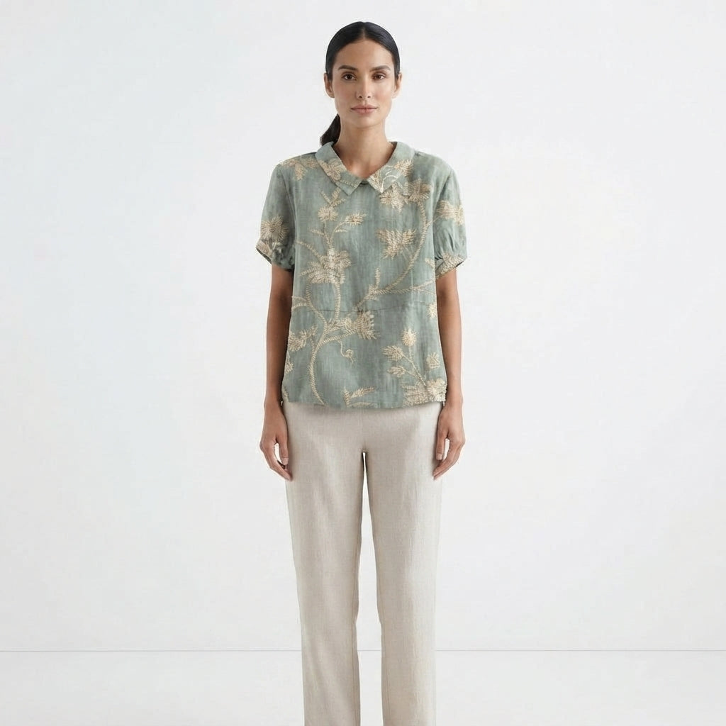 Casual Top with Floral Print and Collar for Women