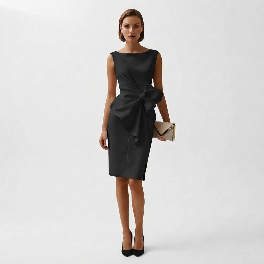 Ladies Elegant Midi Dress with Bow Detail