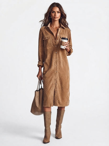 Midi Dress with Front Button Closure and Long Sleeves for Women
