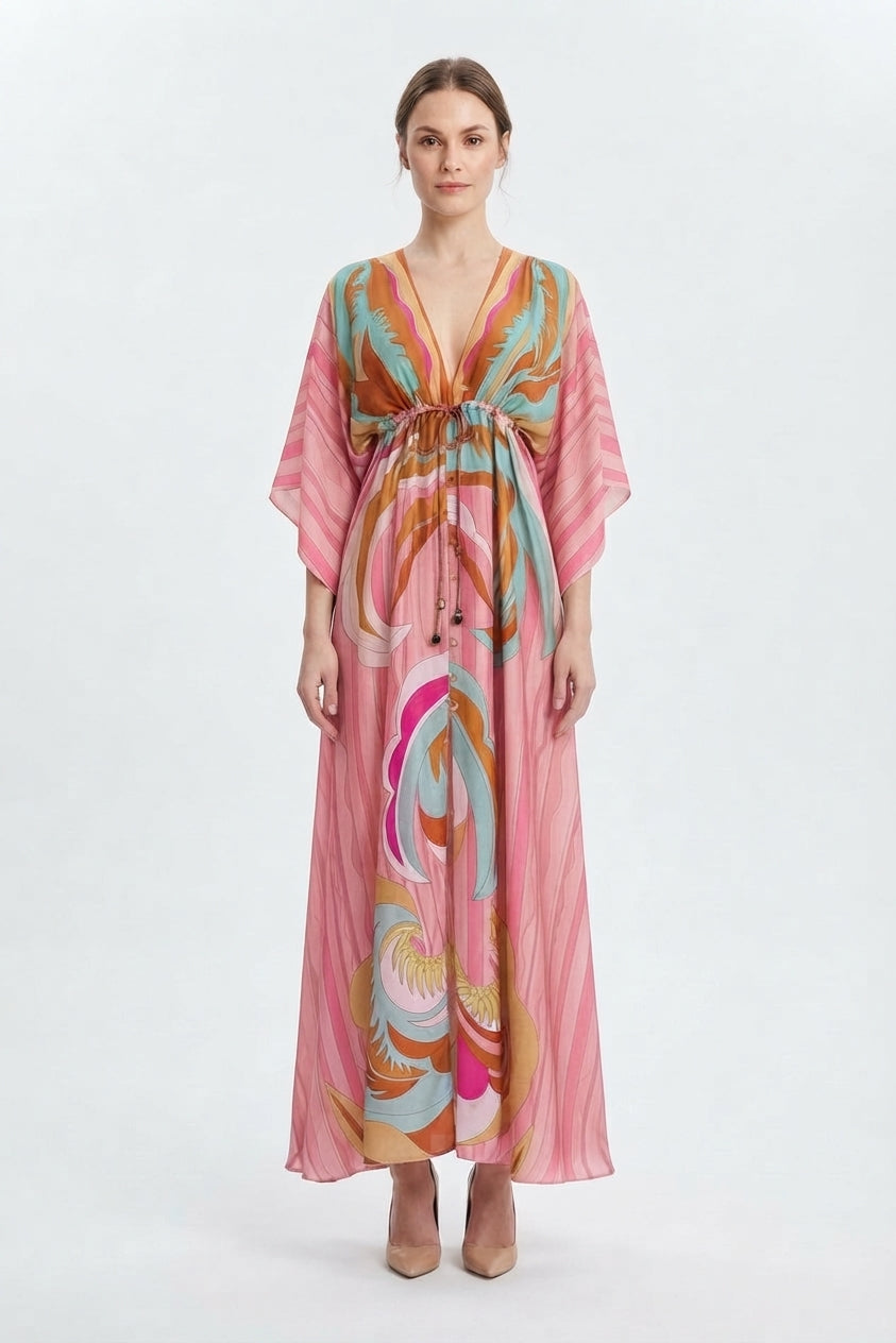 Maxi Dress with Print, V-Neck, and Belt for Women