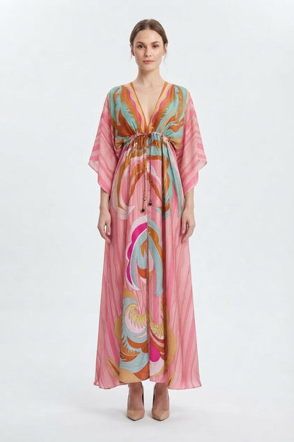 Maxi Dress with Print, V-Neck, and Belt for Women