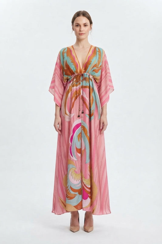 Maxi Dress with Print, V-Neck, and Belt for Women