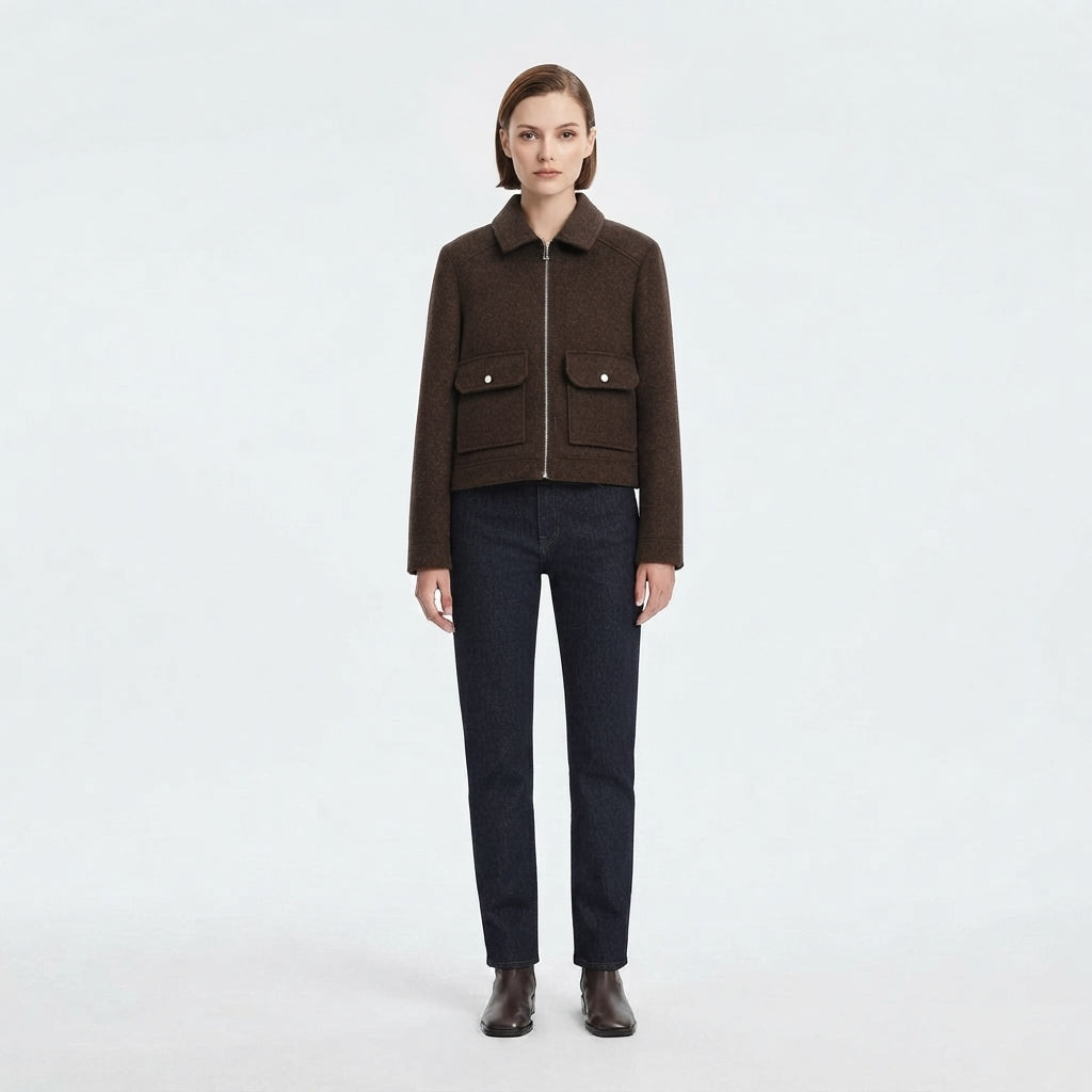 Cropped Bomber Jacket with Zipper for Women