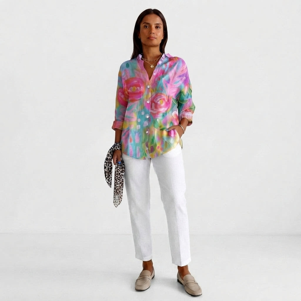 Colourful Floral Button-Up Shirt for Women