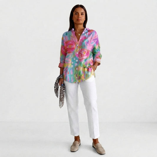 Colourful Floral Button-Up Shirt for Women