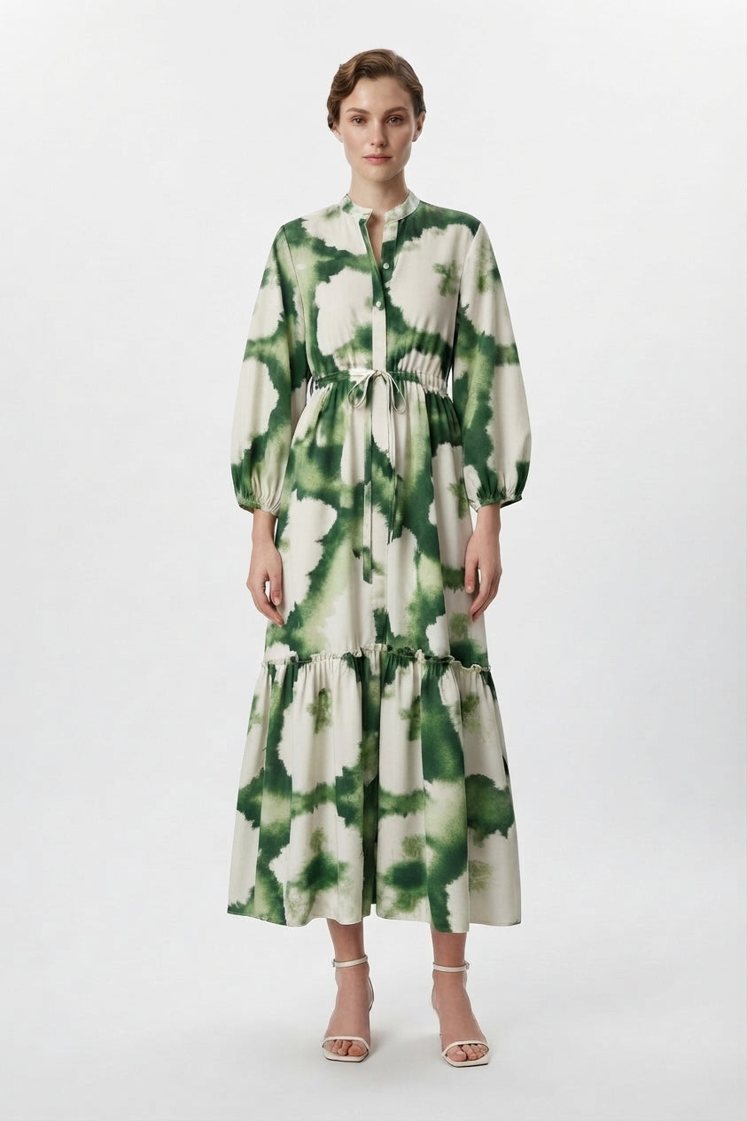Maxi Dress with Long Sleeves, Print, and V-Neck for Women
