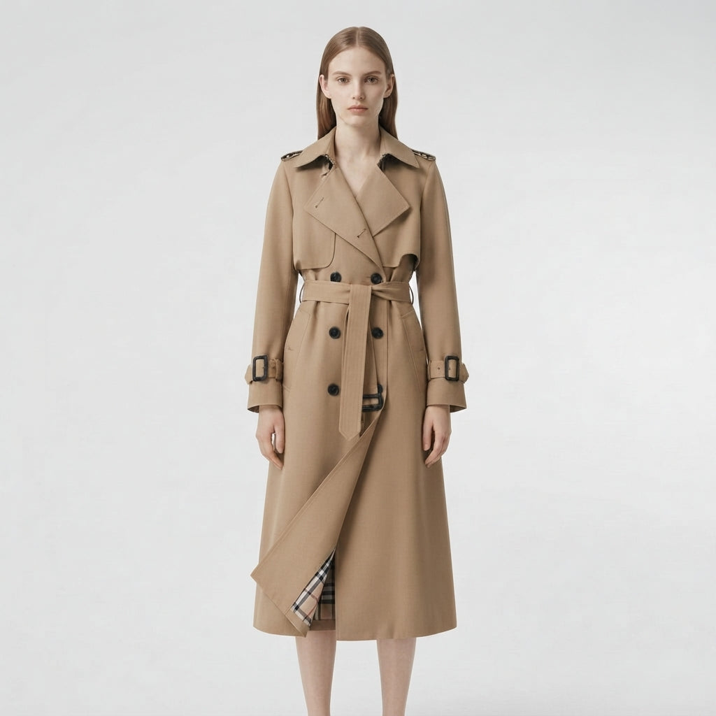 Long Trench Coat with Belt and Double Button Closure for Women