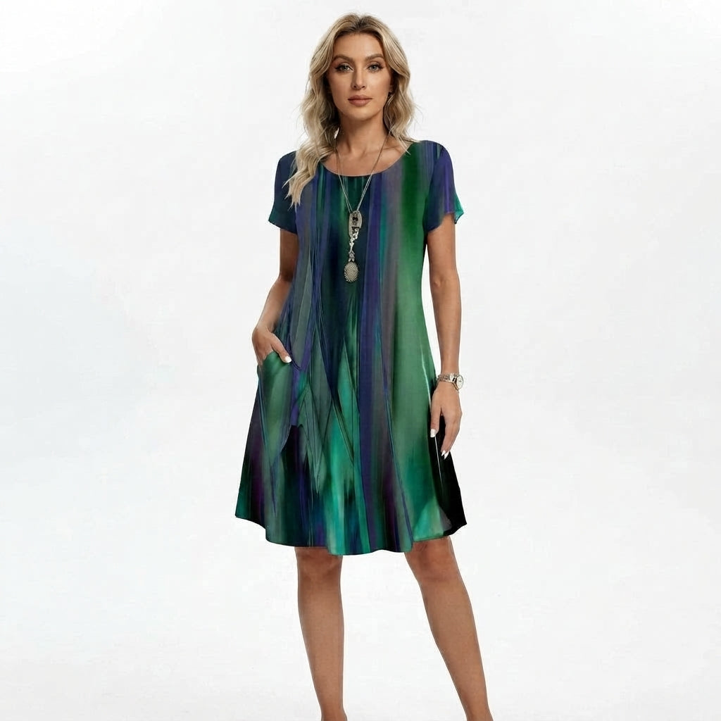 Printed Midi Dress with Short Sleeves and Round Neck for Women
