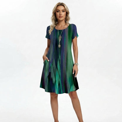 Printed Midi Dress with Short Sleeves and Round Neck for Women