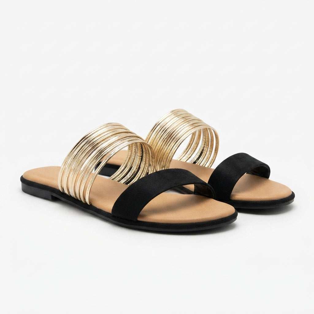 Women's Slip-On Flats with Open Toe and Double Strap