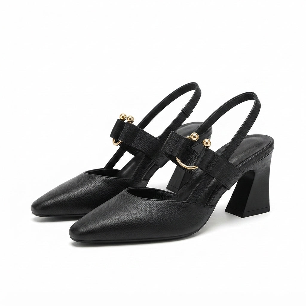 Women's Slingback Mary Jane Heels with Block Heel and Pointed Toe