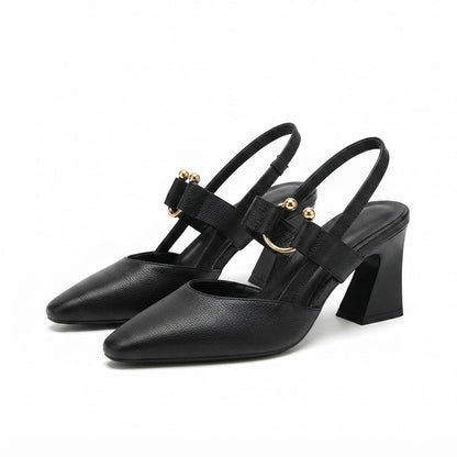 Women's Slingback Mary Jane Heels with Block Heel and Pointed Toe