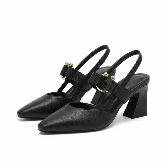 Women's Slingback Mary Jane Heels with Block Heel and Pointed Toe