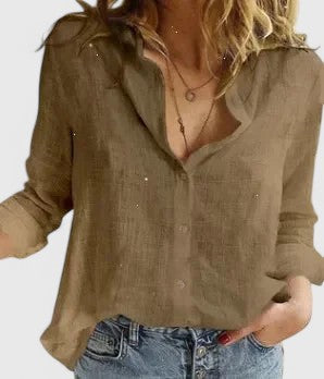 Linen Blouse with V-Neck and Button Closure for Women