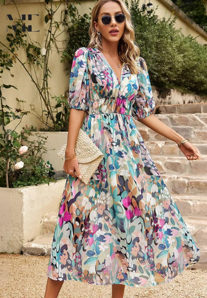 Floral V-Neck Midi Dress for Wedding Guests for Women