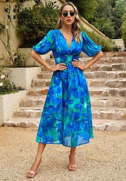 Floral V-Neck Midi Dress for Wedding Guests for Women