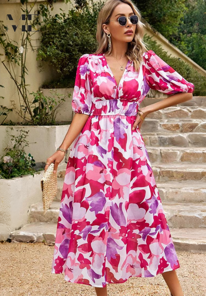 Floral V-Neck Midi Dress for Wedding Guests for Women