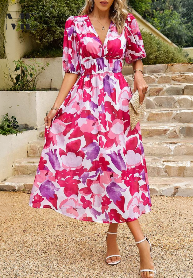 Floral V-Neck Midi Dress for Wedding Guests for Women