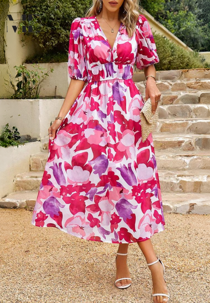 Floral V-Neck Midi Dress for Wedding Guests for Women