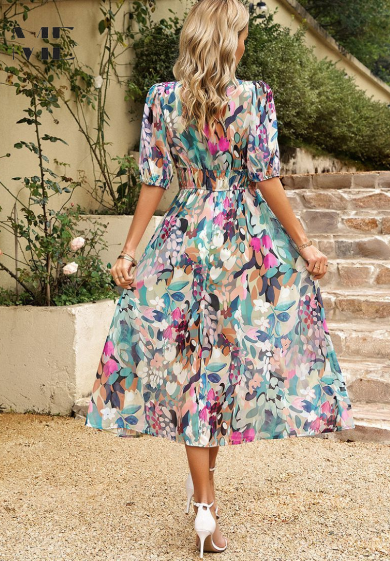 Floral V-Neck Midi Dress for Wedding Guests for Women