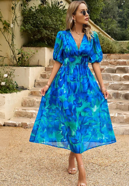 Floral V-Neck Midi Dress for Wedding Guests for Women