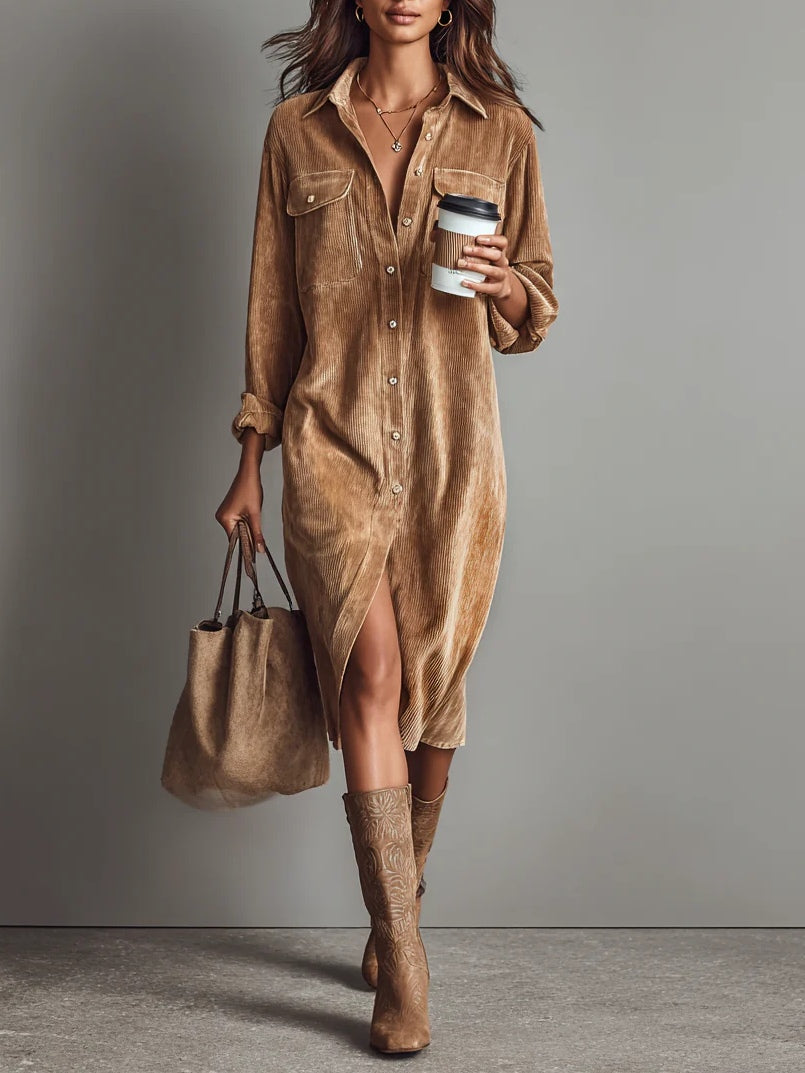 Midi Dress with Front Button Closure and Long Sleeves for Women