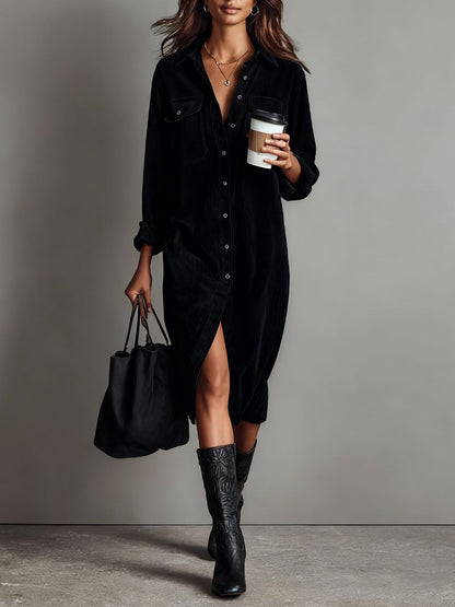 Midi Dress with Front Button Closure and Long Sleeves for Women