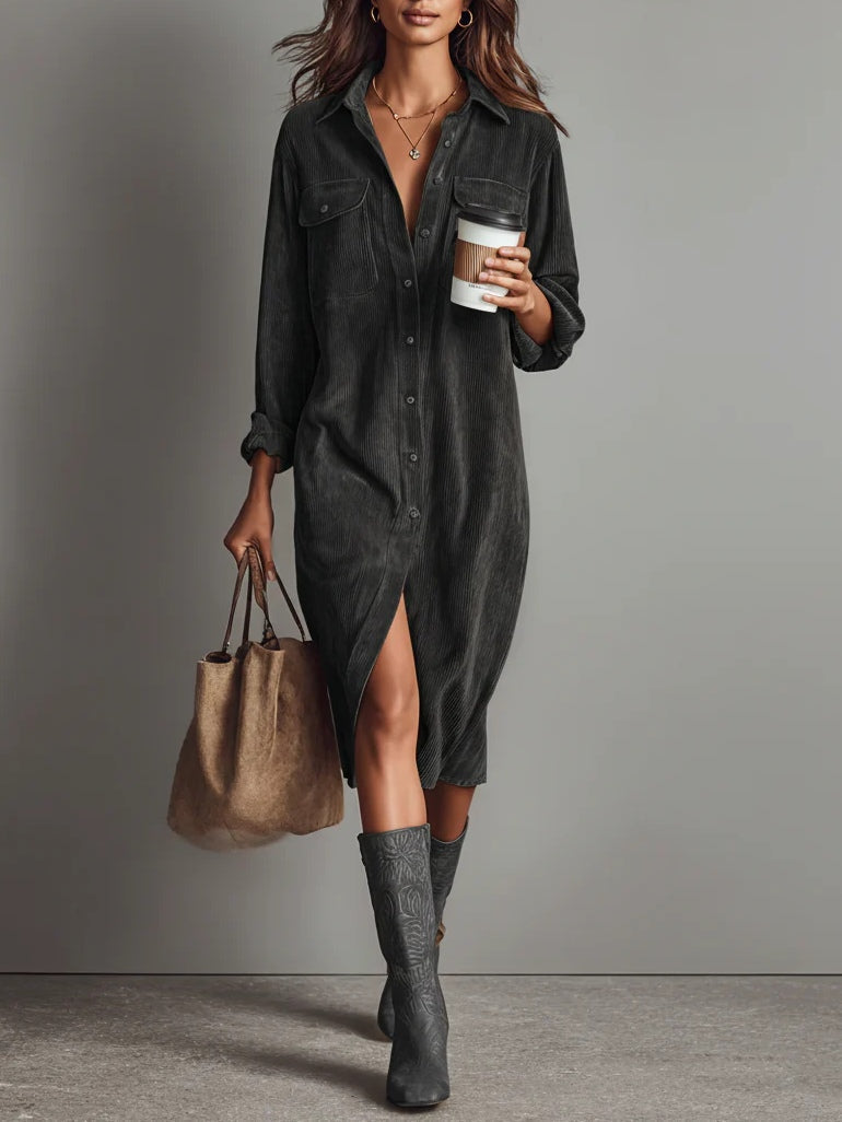 Midi Dress with Front Button Closure and Long Sleeves for Women