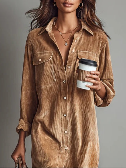 Midi Dress with Front Button Closure and Long Sleeves for Women